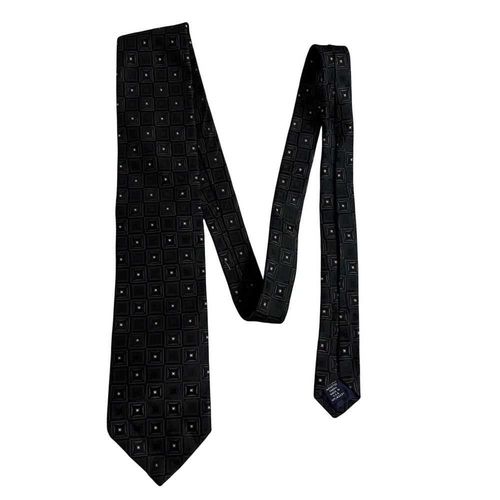 Hart Schaffner Marx Mens Silk‎ Tie Black Geometric Square Pattern USA